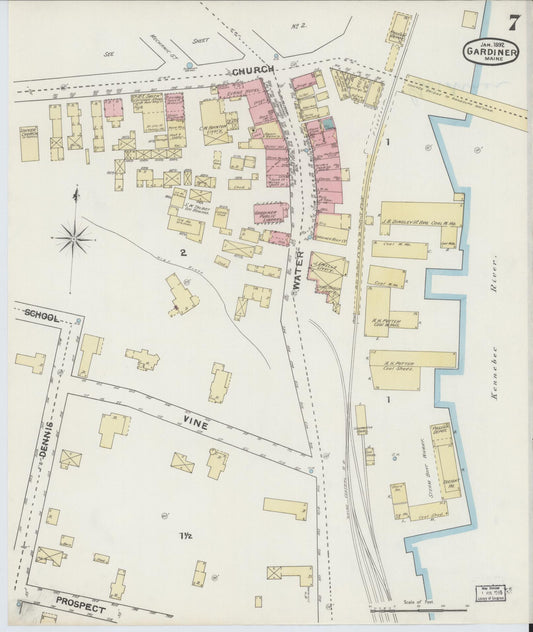 Sanborn Fire Insurance Map from Gardiner, Kennebec County, Maine (1892), Sheet #0007 - Historic Sanborn Fire Insurance Map Print, vintage old map wall art, antique decor, genealogy gift, Maine Maine map