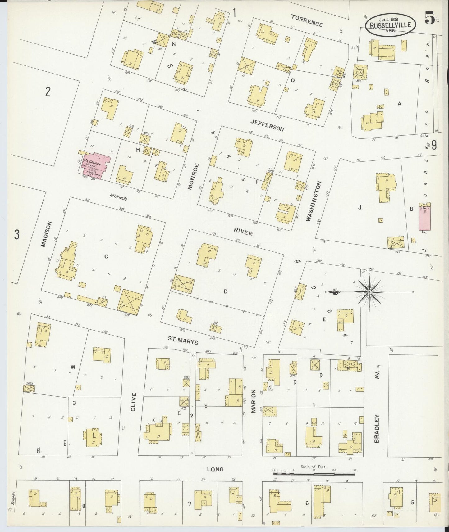 Sanborn Fire Insurance Map from Russellville, Pope County, Arkansas (1908), Sheet #0005 - Complete Map Set gallery image, historic Sanborn map, vintage wall art, Arkansas Arkansas