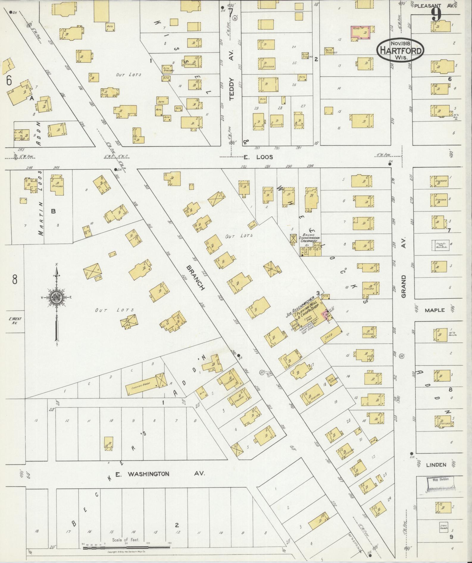 Sanborn Fire Insurance Map from Hartford, Washington County, Wisconsin (1918), Sheet #0009 - Historic Sanborn Fire Insurance Map Print, vintage old map wall art, antique decor, genealogy gift, Wisconsin Wisconsin map