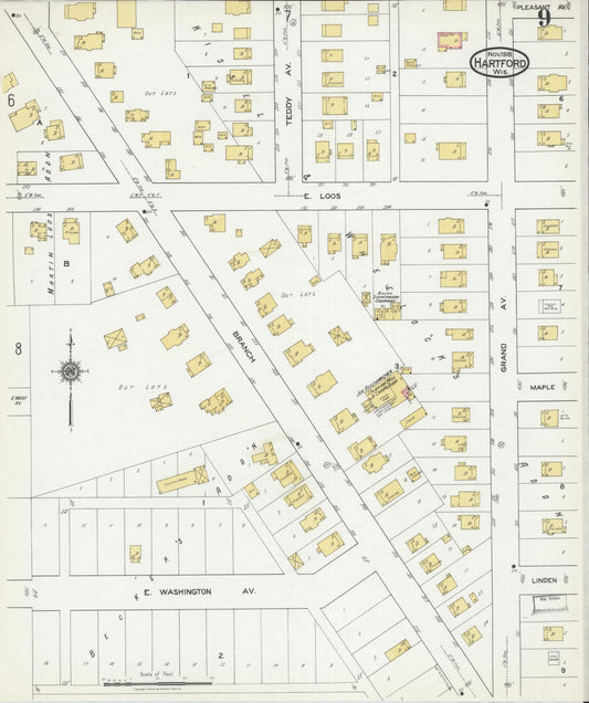 Sanborn Fire Insurance Map from Hartford, Washington County, Wisconsin (1918), Sheet #0009 - Historic Sanborn Fire Insurance Map Print, vintage old map wall art, antique decor, genealogy gift, Wisconsin Wisconsin map