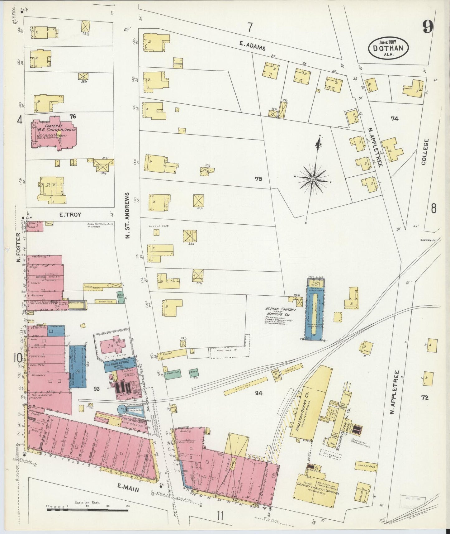 Sanborn Fire Insurance Map from Dothan, Houston County, Alabama (1907), Sheet #0009 - Complete Map Set gallery image, historic Sanborn map, vintage wall art, Alabama Alabama