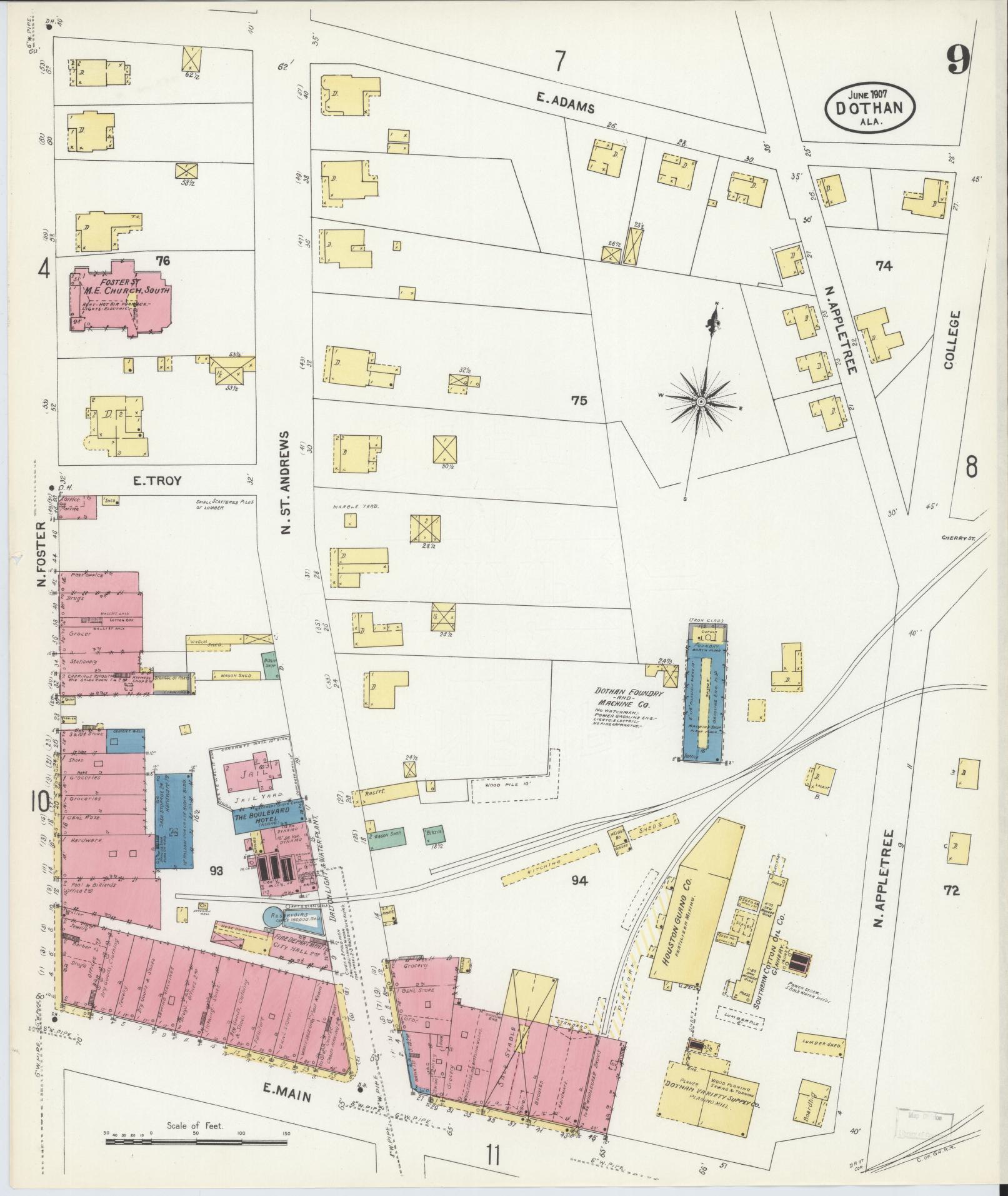 Sanborn Fire Insurance Map from Dothan, Houston County, Alabama (1907), Sheet #0009 - Complete Map Set gallery image, historic Sanborn map, vintage wall art, Alabama Alabama