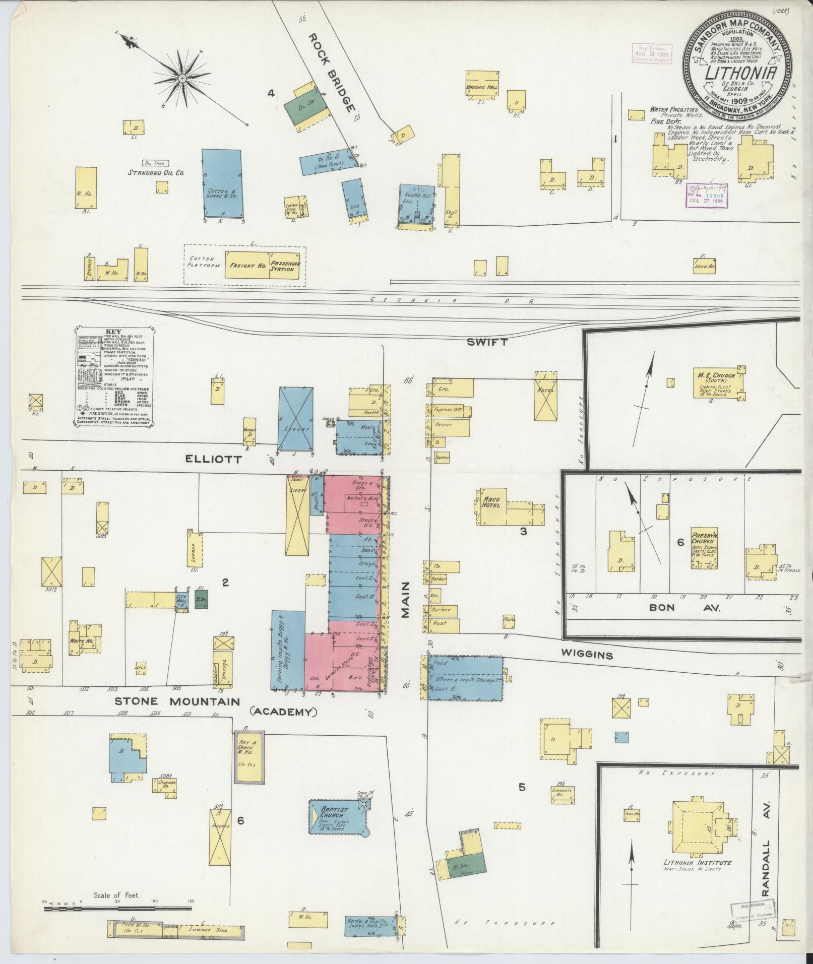 Sanborn Fire Insurance Map from Lithonia, Dekalb County, Georgia (1909), Sheet #0001 - Historic Sanborn Fire Insurance Map Print, vintage old map wall art, antique decor, genealogy gift, Georgia Georgia map