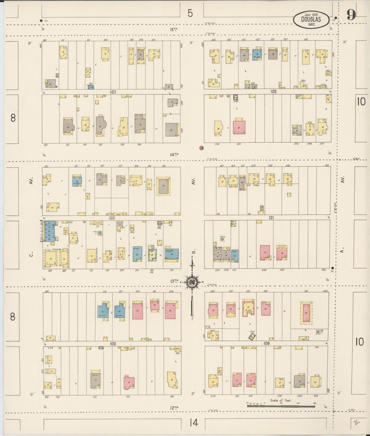 Sanborn Fire Insurance Map from Douglas, Cochise County, Arizona (1914), Sheet #0009 - Historic Sanborn Fire Insurance Map Print, vintage old map wall art, antique decor, genealogy gift, Arizona Arizona map