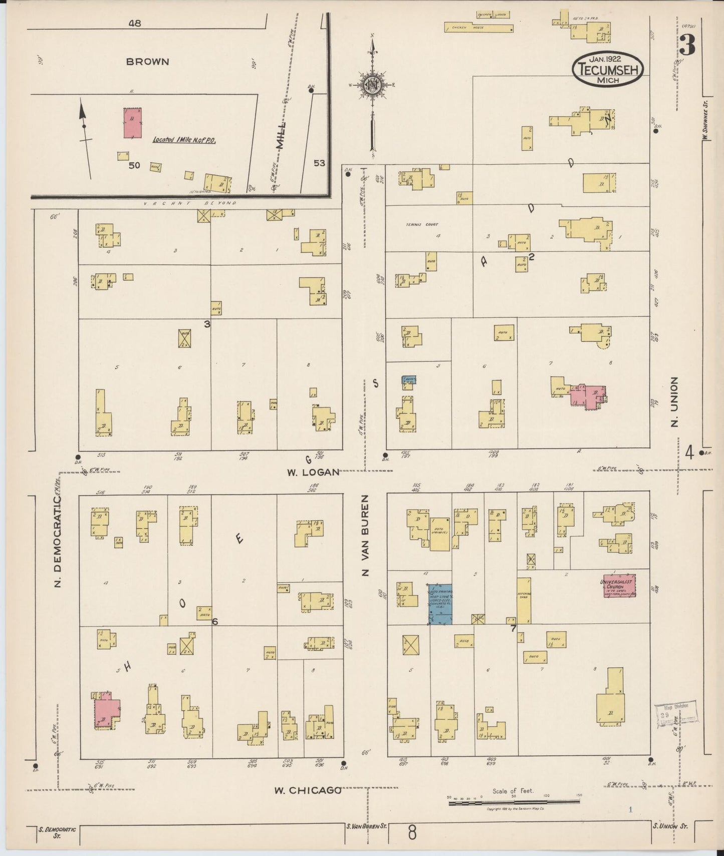 Sanborn Fire Insurance Map from Tecumseh, Lenawee County, Michigan (1922), Sheet #0003 - Complete Map Set gallery image, historic Sanborn map, vintage wall art, Michigan Michigan