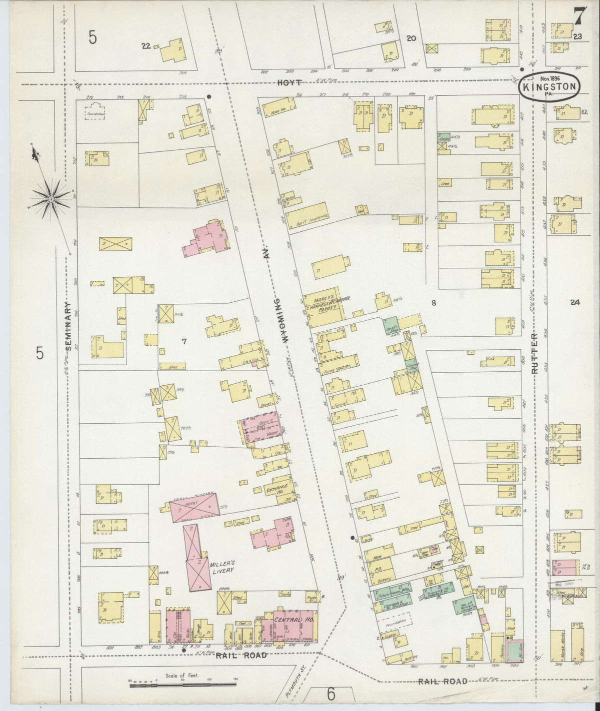 Sanborn Fire Insurance Map from Kingston, Luzerne County, Pennsylvania (1896), Sheet #0007 - Historic Sanborn Fire Insurance Map Print, vintage old map wall art, antique decor, genealogy gift, Pennsylvania Pennsylvania map