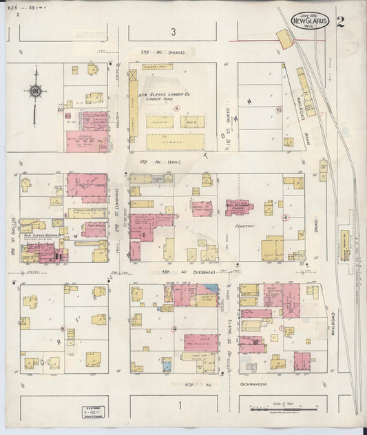 Sanborn Fire Insurance Map from New Glarus, Green County, Wisconsin (1933), Sheet #0002 - Historic Sanborn Fire Insurance Map Print, vintage old map wall art, antique decor, genealogy gift, Wisconsin Wisconsin map
