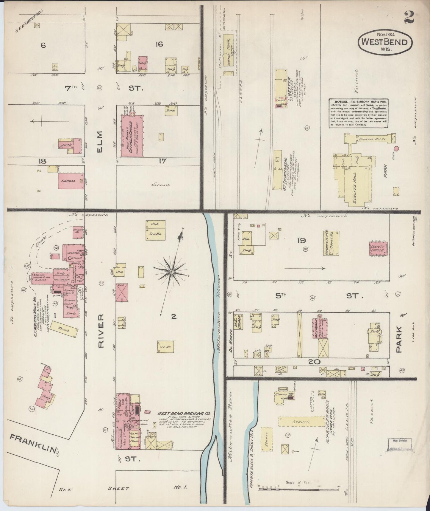 Sanborn Fire Insurance Map from West Bend, Washington County, Wisconsin (1884), Sheet #0002 - Complete Map Set gallery image, historic Sanborn map, vintage wall art, Wisconsin Wisconsin