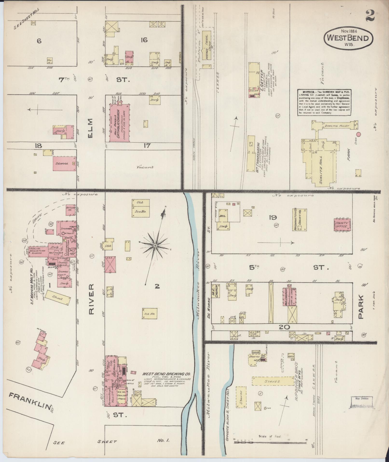 Sanborn Fire Insurance Map from West Bend, Washington County, Wisconsin (1884), Sheet #0002 - Complete Map Set gallery image, historic Sanborn map, vintage wall art, Wisconsin Wisconsin