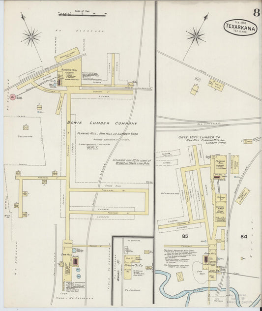 Sanborn Fire Insurance Map from Texarkana, Bowie County, Texas (1888), Sheet #0008 - Historic Sanborn Fire Insurance Map Print, vintage old map wall art, antique decor, genealogy gift, Texas Texas map