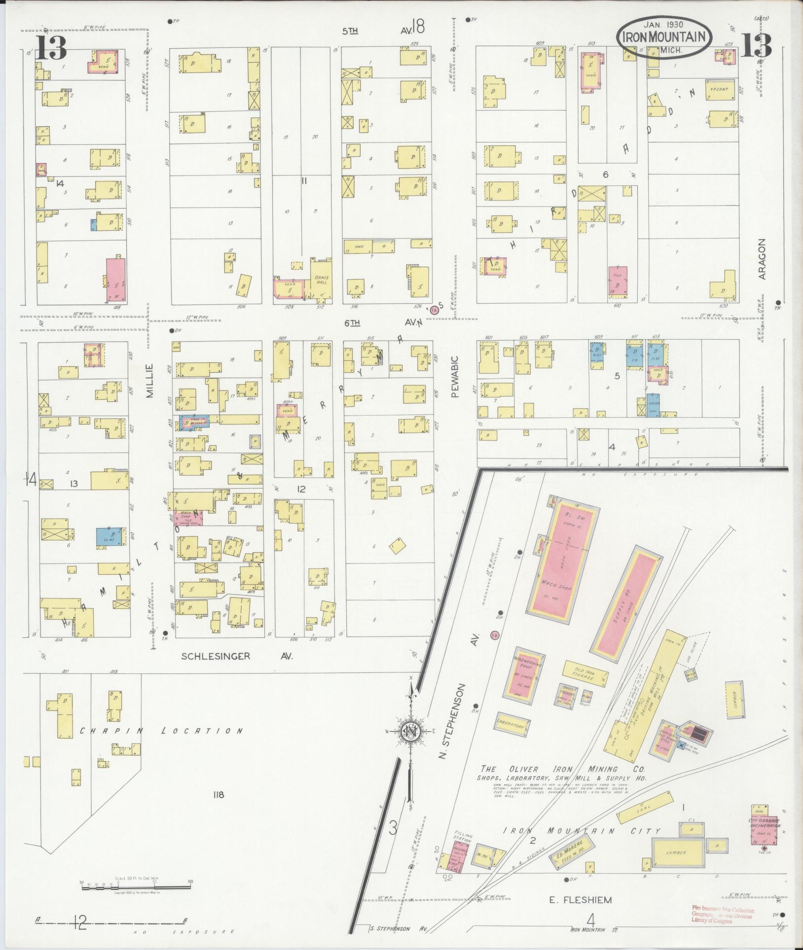 Sanborn Fire Insurance Map from Iron Mountain, Dickinson County, Michigan (1930), Sheet #0013 - Complete Map Set gallery image, historic Sanborn map, vintage wall art, Michigan Michigan