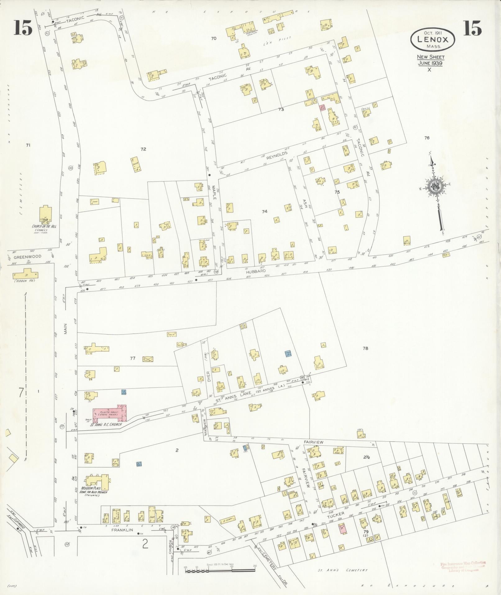 Sanborn Fire Insurance Map from Lenox, Berkshire County, Massachusetts (1939), Sheet #0015 - Historic Sanborn Fire Insurance Map Print, vintage old map wall art, antique decor, genealogy gift, Massachusetts Massachusetts map