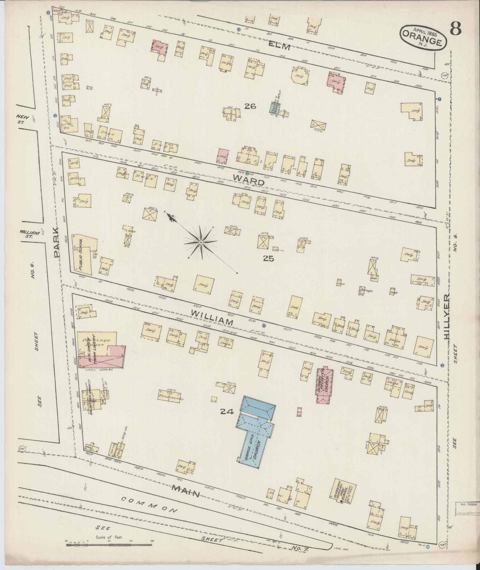 Sanborn Fire Insurance Map from Orange, Essex County, New Jersey (1885), Sheet #0008 - Historic Sanborn Fire Insurance Map Print, vintage old map wall art, antique decor, genealogy gift, New Jersey New Jersey map