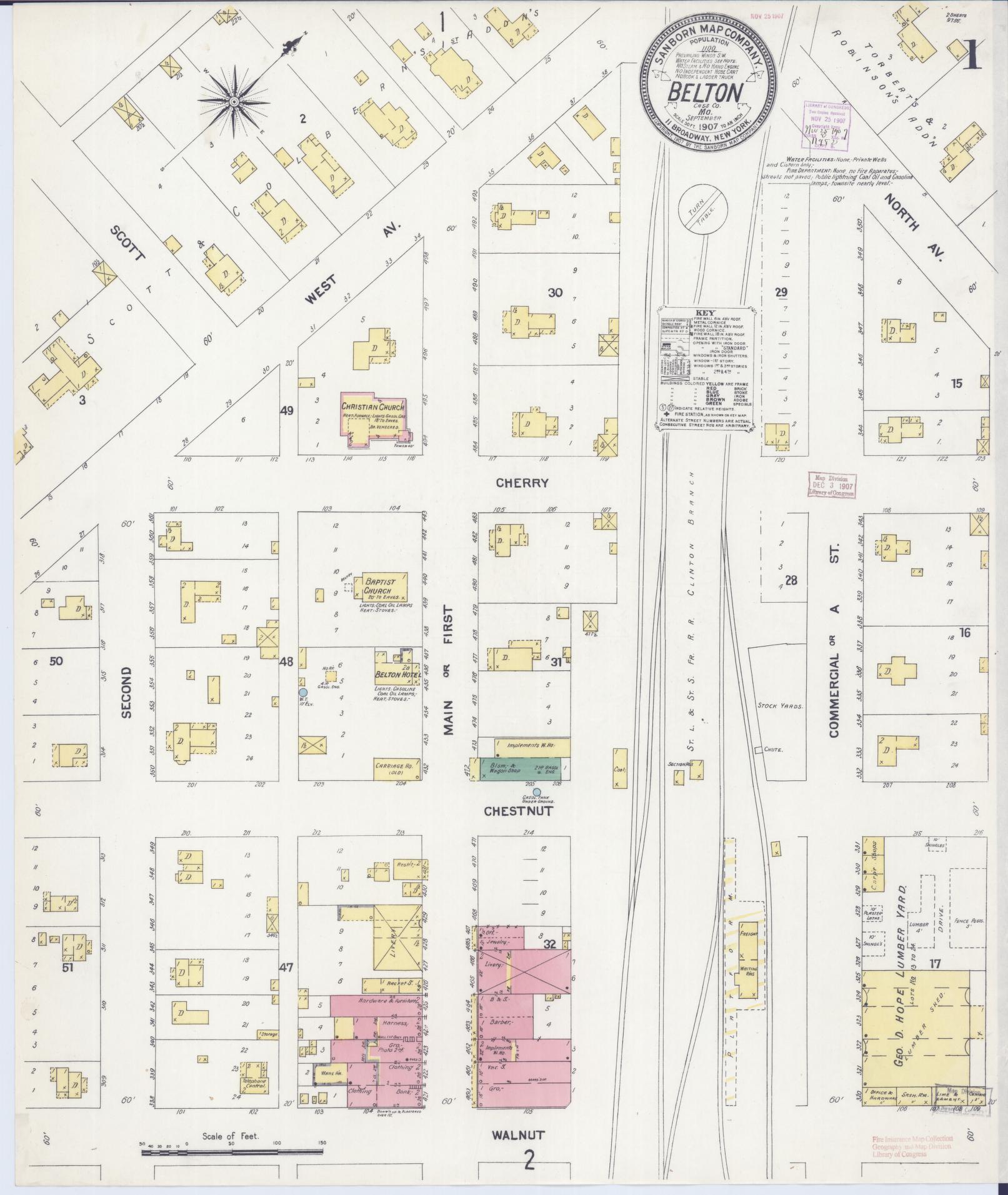 Sanborn Fire Insurance Map from Belton, Cass County, Missouri (1907), Sheet #0001 - Historic Sanborn Fire Insurance Map Print, vintage old map wall art, antique decor, genealogy gift, Missouri Missouri map