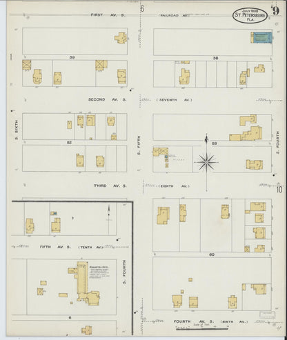 Sanborn Fire Insurance Map from Saint Petersburg, Pinellas County, Florida (1908), Sheet #0009 - Complete Map Set gallery image, historic Sanborn map, vintage wall art, Florida Florida