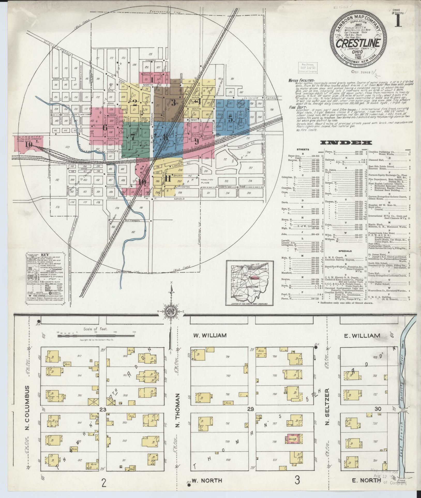 Sanborn Fire Insurance Map from Crestline, Crawford County, Ohio (1921), Sheet #0001 - Historic Sanborn Fire Insurance Map Print, vintage old map wall art, antique decor, genealogy gift, Ohio Ohio map