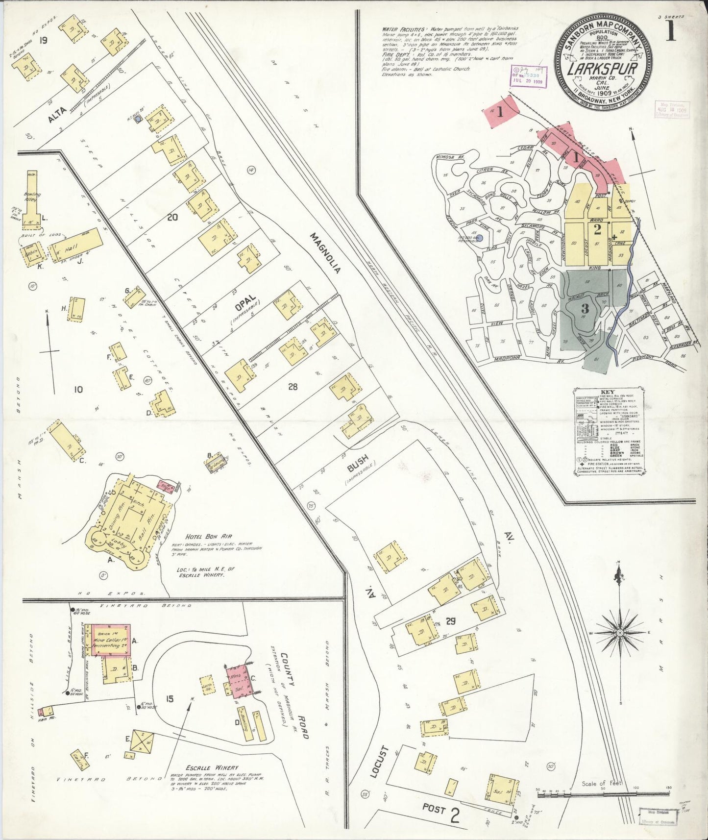 Sanborn Fire Insurance Map from Larkspur, Marin County, California (1909), Sheet #0001 - Historic Sanborn Fire Insurance Map Print, vintage old map wall art, antique decor, genealogy gift, California California map