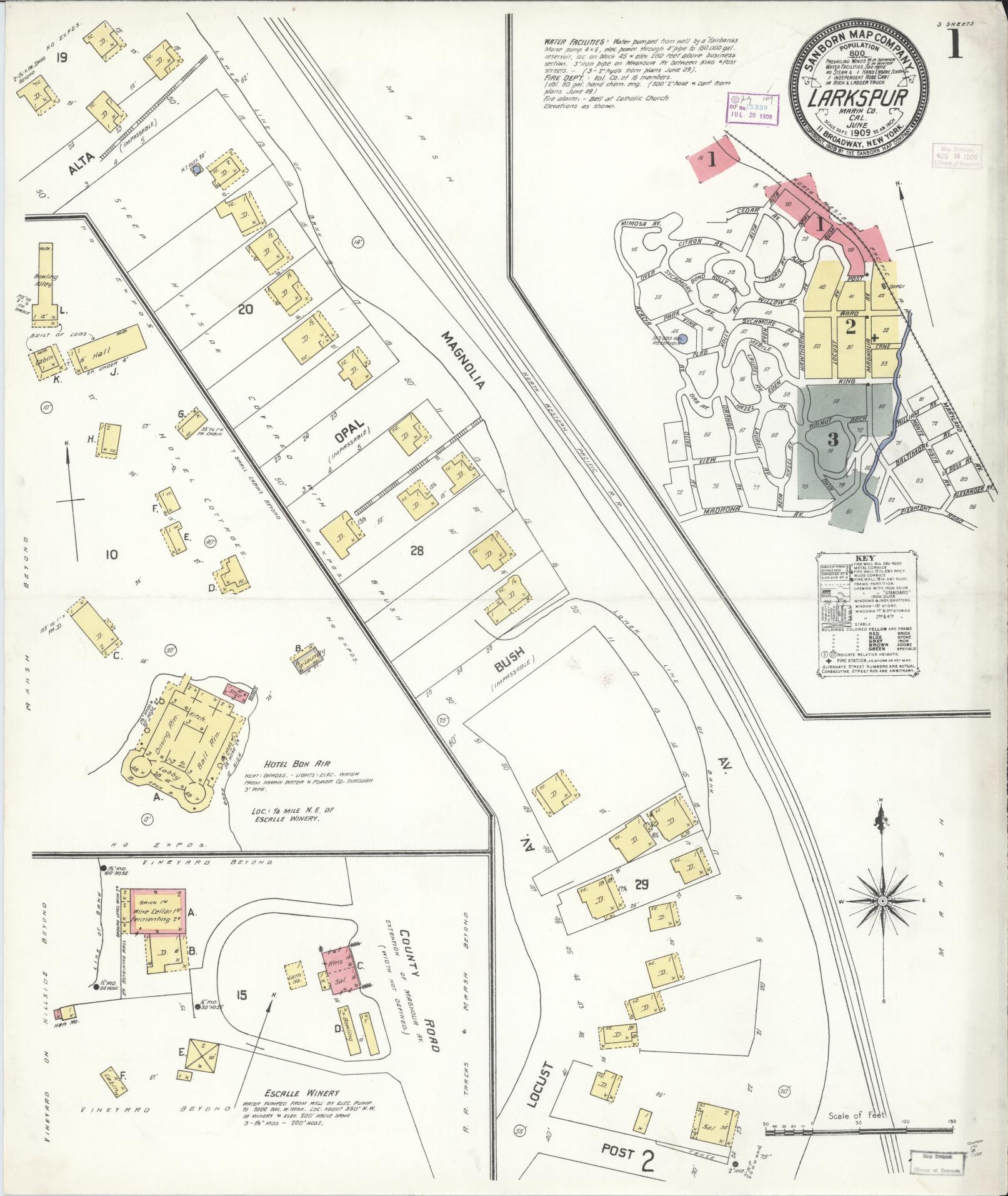 Sanborn Fire Insurance Map from Larkspur, Marin County, California (1909), Sheet #0001 - Historic Sanborn Fire Insurance Map Print, vintage old map wall art, antique decor, genealogy gift, California California map