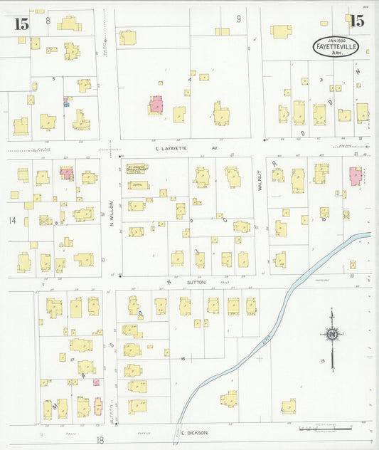 Sanborn Fire Insurance Map from Fayetteville, Washington County, Arkansas (1930), Sheet #0015 - Historic Sanborn Fire Insurance Map Print, vintage old map wall art, antique decor, genealogy gift, Arkansas Arkansas map