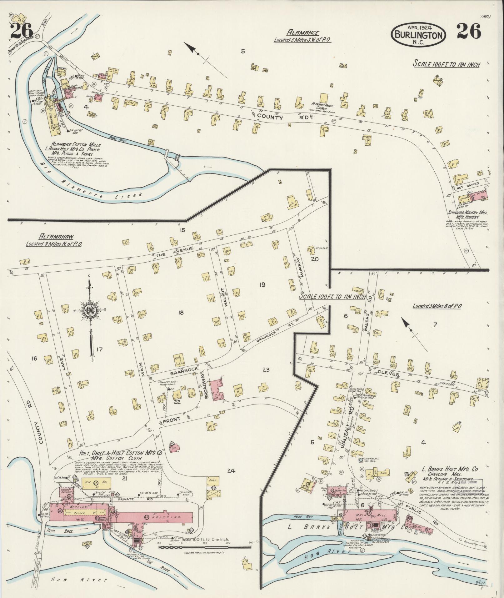 Sanborn Fire Insurance Map from Burlington, Alamance County, North Carolina (1924), Sheet #0026 - Historic Sanborn Fire Insurance Map Print, vintage old map wall art, antique decor, genealogy gift, North Carolina North Carolina map