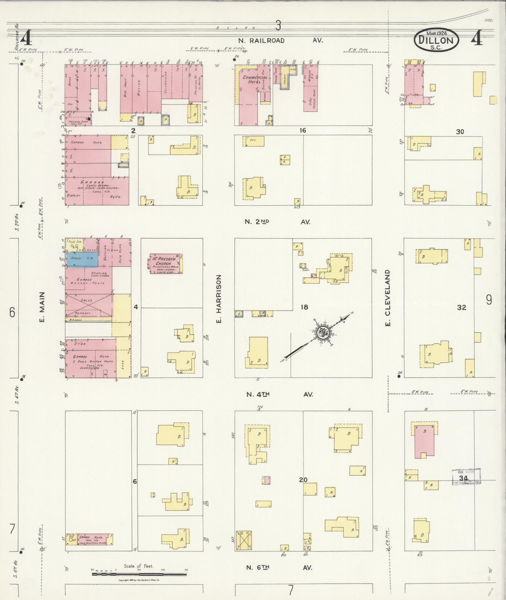 Sanborn Fire Insurance Map from Dillon, Dillon County, South Carolina (1924), Sheet #0004 - Historic Sanborn Fire Insurance Map Print, vintage old map wall art, antique decor, genealogy gift, South Carolina South Carolina map