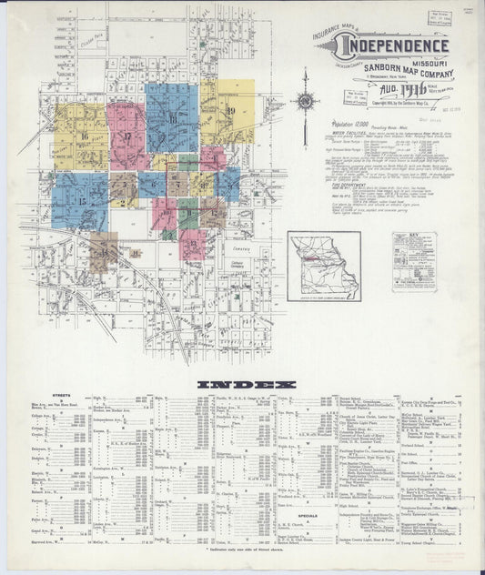Sanborn Fire Insurance Map from Independence, Jackson County, Missouri (1916), Sheet #0001 - Historic Sanborn Fire Insurance Map Print, vintage old map wall art, antique decor, genealogy gift, Missouri Missouri map