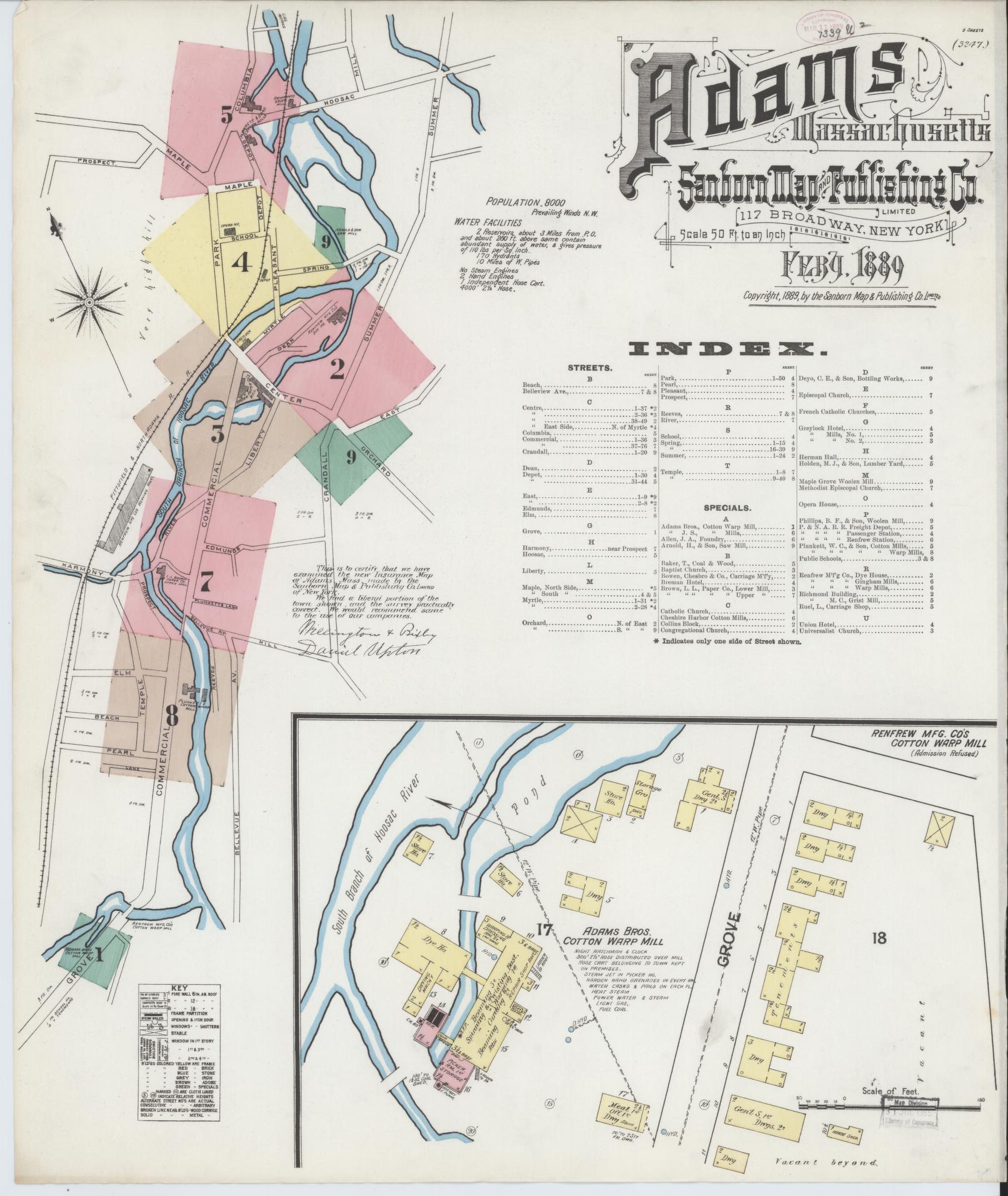 Sanborn Fire Insurance Map from Adams, Berkshire County, Massachusetts (1889), Sheet #0001 - Historic Sanborn Fire Insurance Map Print, vintage old map wall art, antique decor, genealogy gift, Massachusetts Massachusetts map