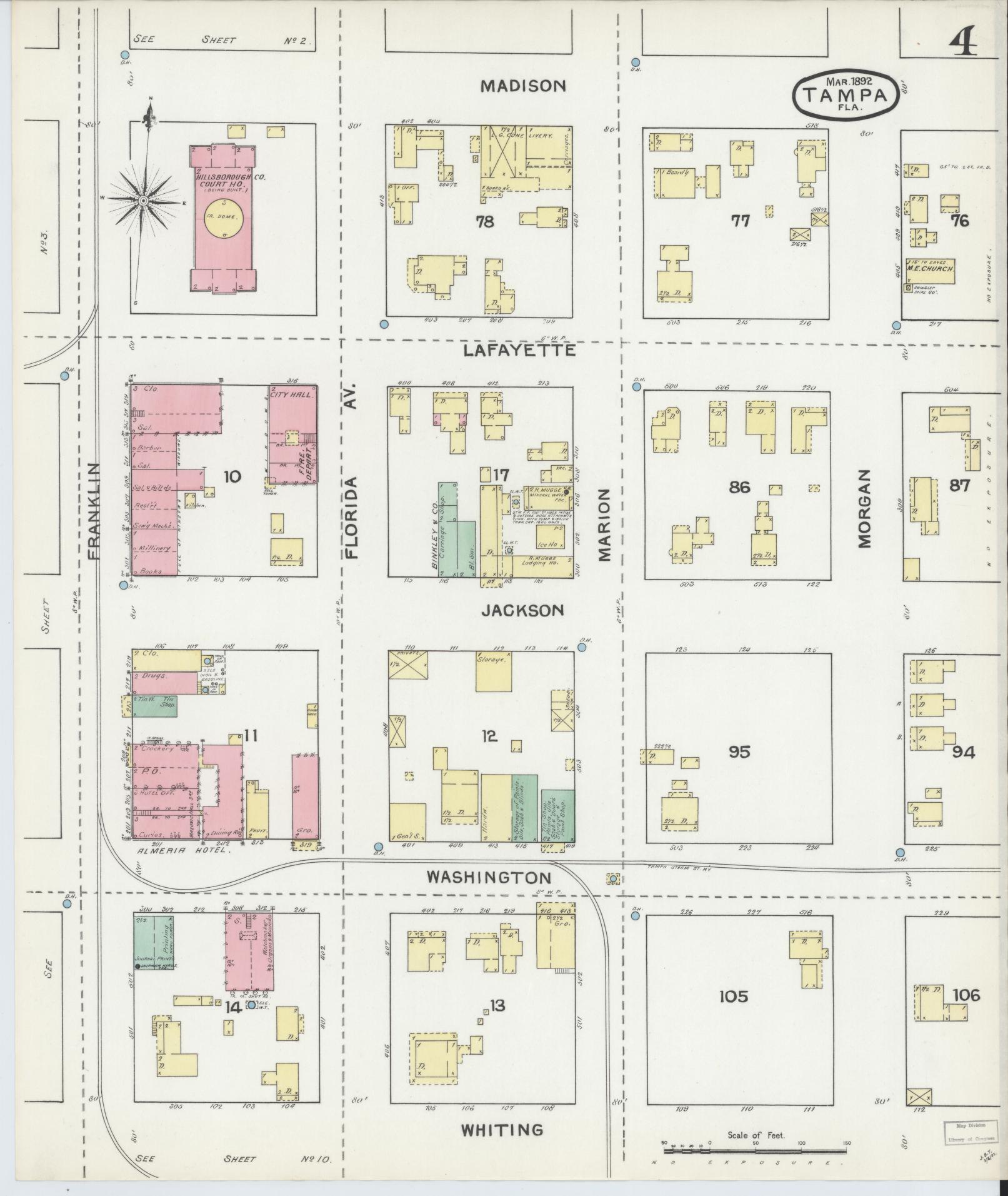 Sanborn Fire Insurance Map from Tampa, Hillsborough County, Florida (1892), Sheet #0004 - Historic Sanborn Fire Insurance Map Print, vintage old map wall art, antique decor, genealogy gift, Florida Florida map