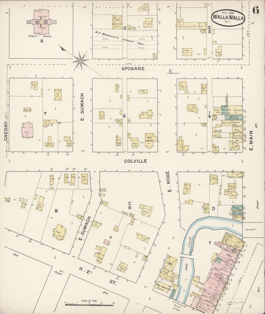 Sanborn Fire Insurance Map from Walla Walla, Walla Walla County, Washington (1888), Sheet #0006 - Historic Sanborn Fire Insurance Map Print, vintage old map wall art, antique decor, genealogy gift, Washington Washington map