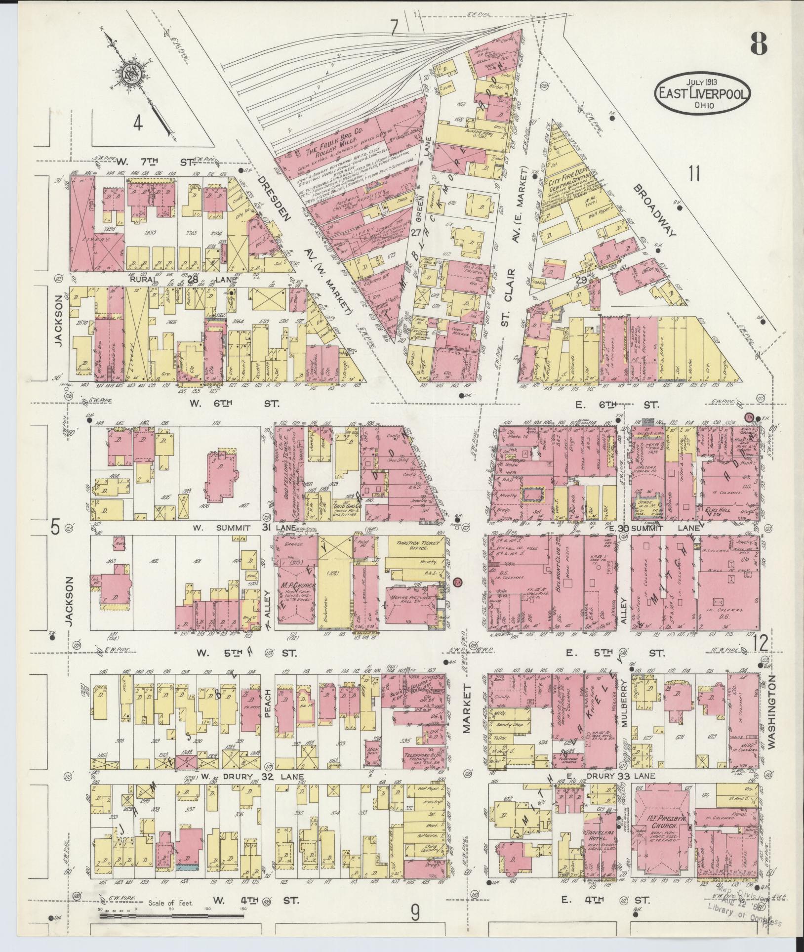 Sanborn Fire Insurance Map from East Liverpool, Columbiana County, Ohio (1913), Sheet #0008 - Historic Sanborn Fire Insurance Map Print, vintage old map wall art, antique decor, genealogy gift, Ohio Ohio map