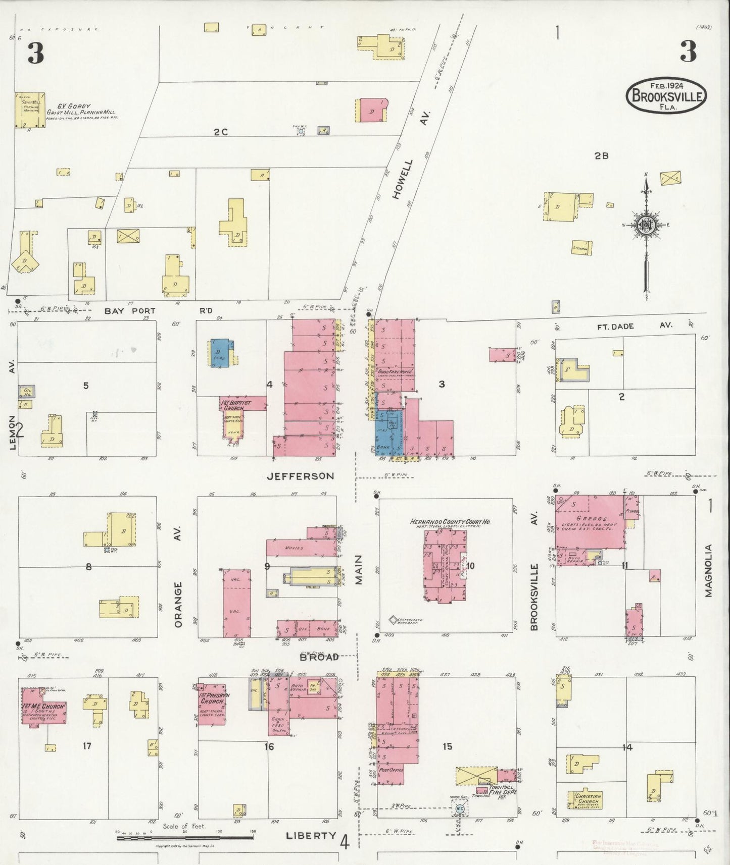 Sanborn Fire Insurance Map from Brooksville, Hernando County, Florida (1924), Sheet #0003 - Complete Map Set gallery image, historic Sanborn map, vintage wall art, Florida Florida