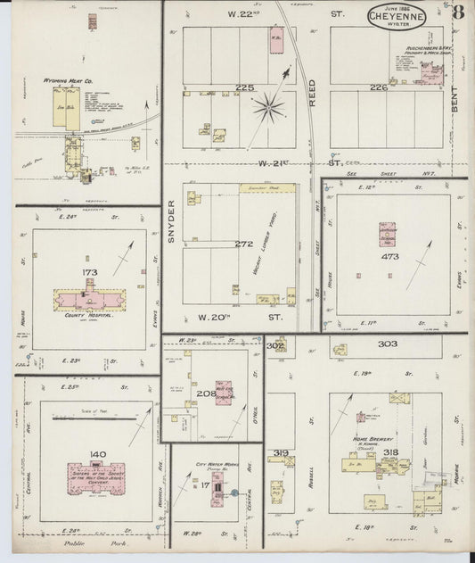 Sanborn Fire Insurance Map from Cheyenne, Laramie County, Wyoming (1886), Sheet #0008 - Historic Sanborn Fire Insurance Map Print, vintage old map wall art, antique decor, genealogy gift, Wyoming Wyoming map
