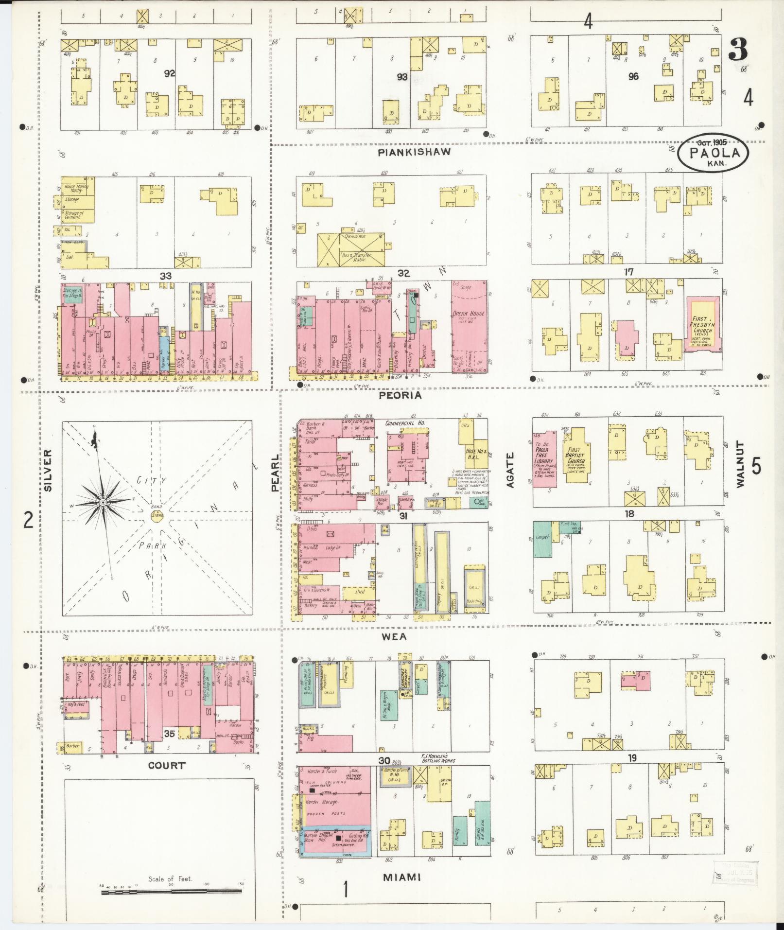 Sanborn Fire Insurance Map from Paola, Miami County, Kansas (1905), Sheet #0003 - Historic Sanborn Fire Insurance Map Print, vintage old map wall art, antique decor, genealogy gift, Kansas Kansas map