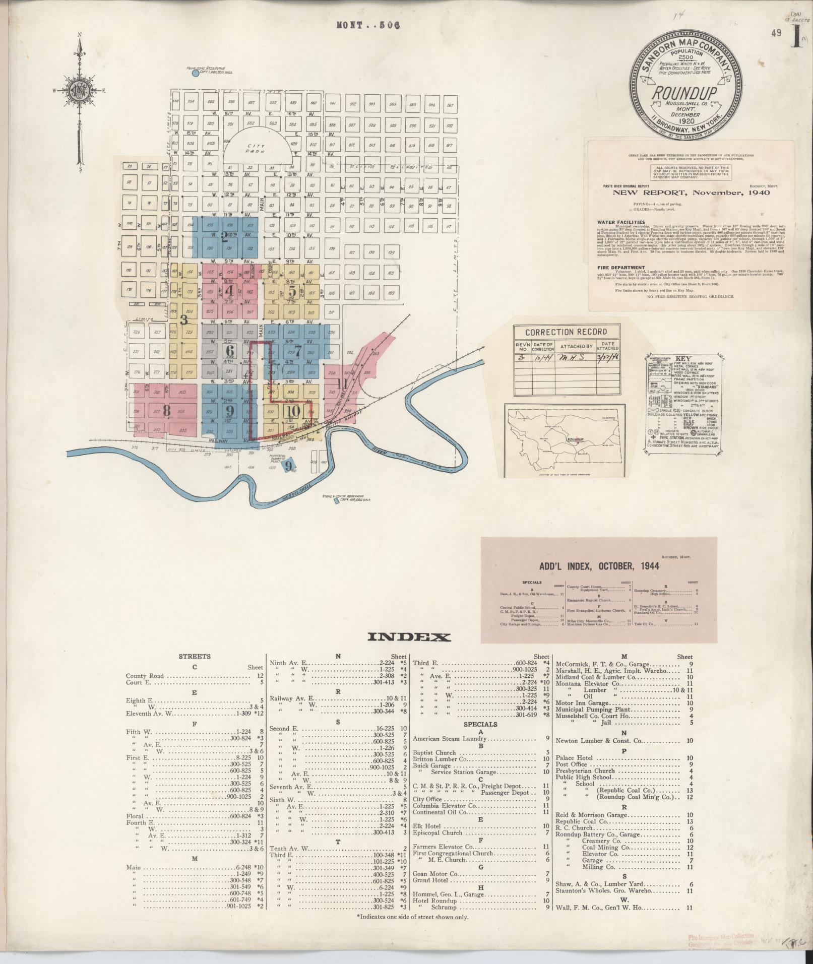 Sanborn Fire Insurance Map from Roundup, Musselshell County, Montana (1944), Sheet #0001 - Historic Sanborn Fire Insurance Map Print, vintage old map wall art, antique decor, genealogy gift, Montana Montana map