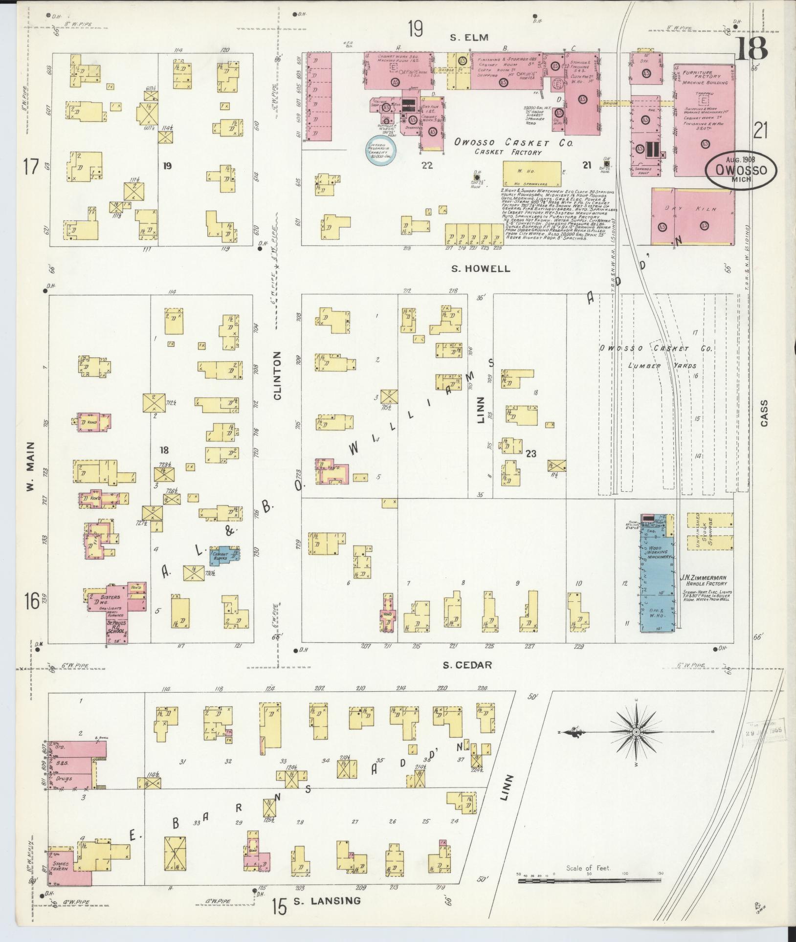 Sanborn Fire Insurance Map from Owosso, Shiawassee County, Michigan (1908), Sheet #0018 - Historic Sanborn Fire Insurance Map Print, vintage old map wall art, antique decor, genealogy gift, Michigan Michigan map