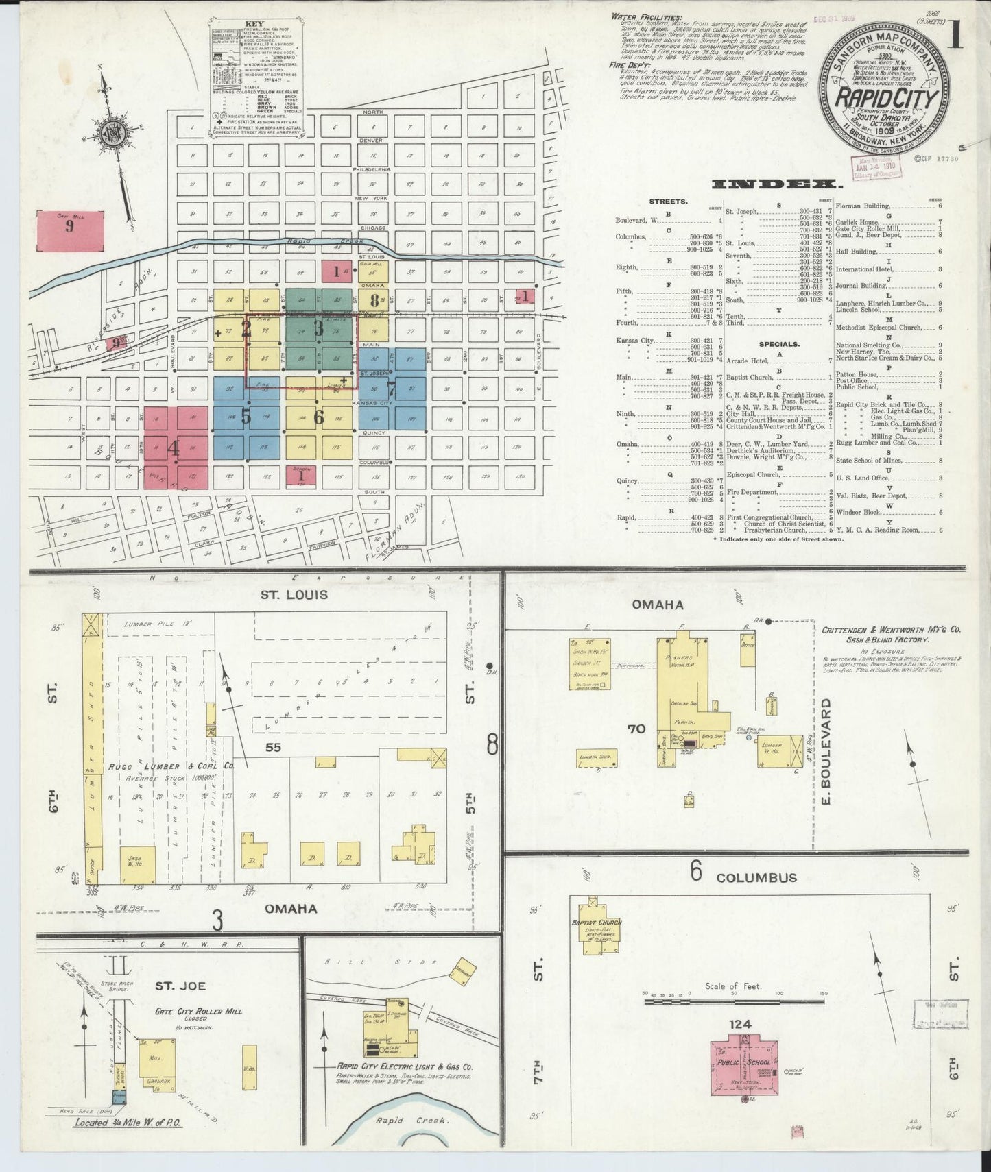 Sanborn Fire Insurance Map from Rapid City, Pennington County, South Dakota (1909), Sheet #0001 - Historic Sanborn Fire Insurance Map Print, vintage old map wall art, antique decor, genealogy gift, South Dakota South Dakota map