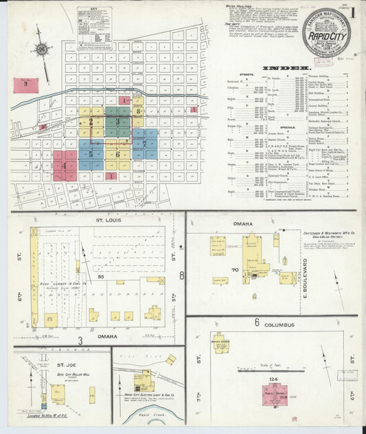 Sanborn Fire Insurance Map from Rapid City, Pennington County, South Dakota (1909), Sheet #0001 - Historic Sanborn Fire Insurance Map Print, vintage old map wall art, antique decor, genealogy gift, South Dakota South Dakota map