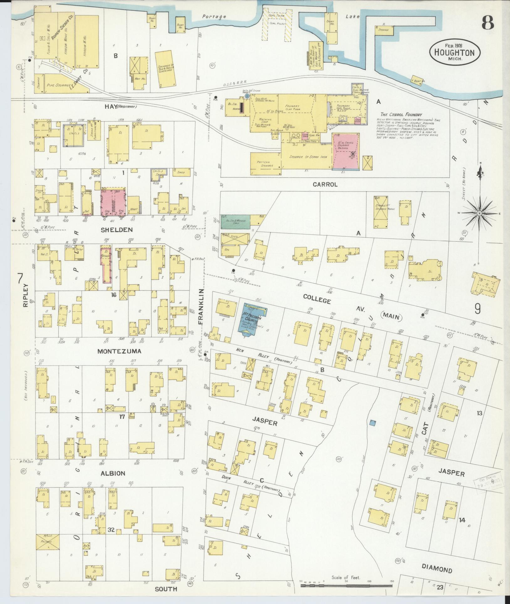 Sanborn Fire Insurance Map from Houghton, Houghton County, Michigan (1908), Sheet #0008 - Historic Sanborn Fire Insurance Map Print, vintage old map wall art, antique decor, genealogy gift, Michigan Michigan map