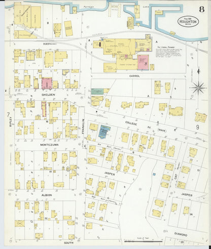 Sanborn Fire Insurance Map from Houghton, Houghton County, Michigan (1908), Sheet #0008 - Historic Sanborn Fire Insurance Map Print, vintage old map wall art, antique decor, genealogy gift, Michigan Michigan map