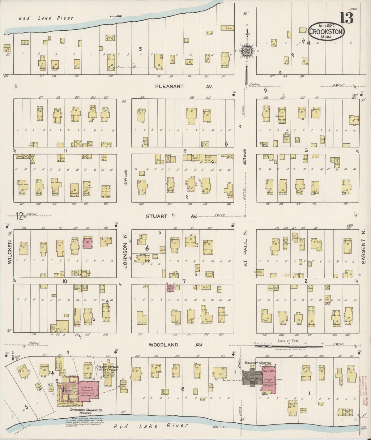 Sanborn Fire Insurance Map from Crookston, Polk County, Minnesota (1922), Sheet #0013 - Complete Map Set gallery image, historic Sanborn map, vintage wall art, Minnesota Minnesota