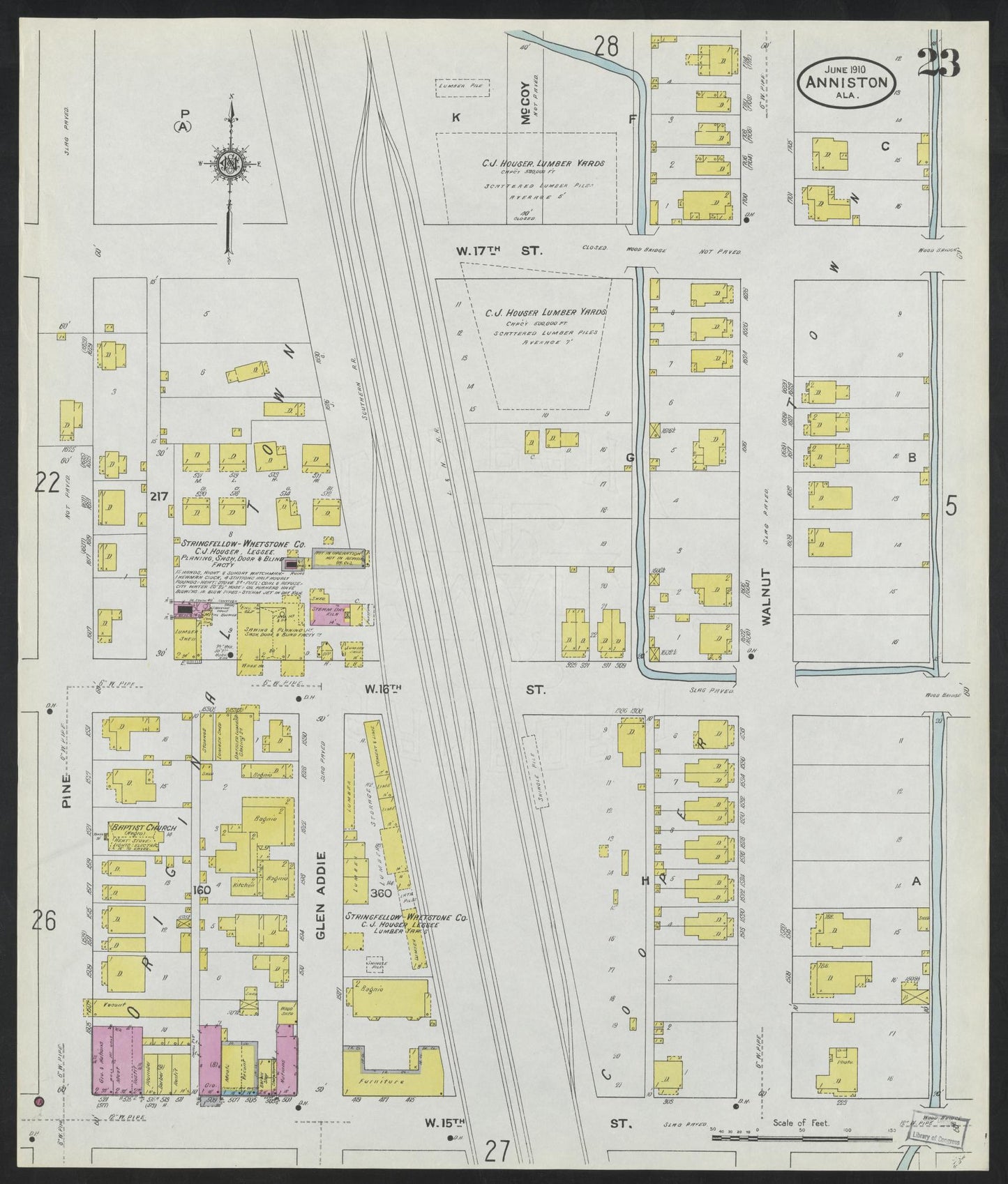 Sanborn Fire Insurance Map from Anniston, Calhoun County, Alabama (1910), Sheet #0023 - Complete Map Set gallery image, historic Sanborn map, vintage wall art, Alabama Alabama