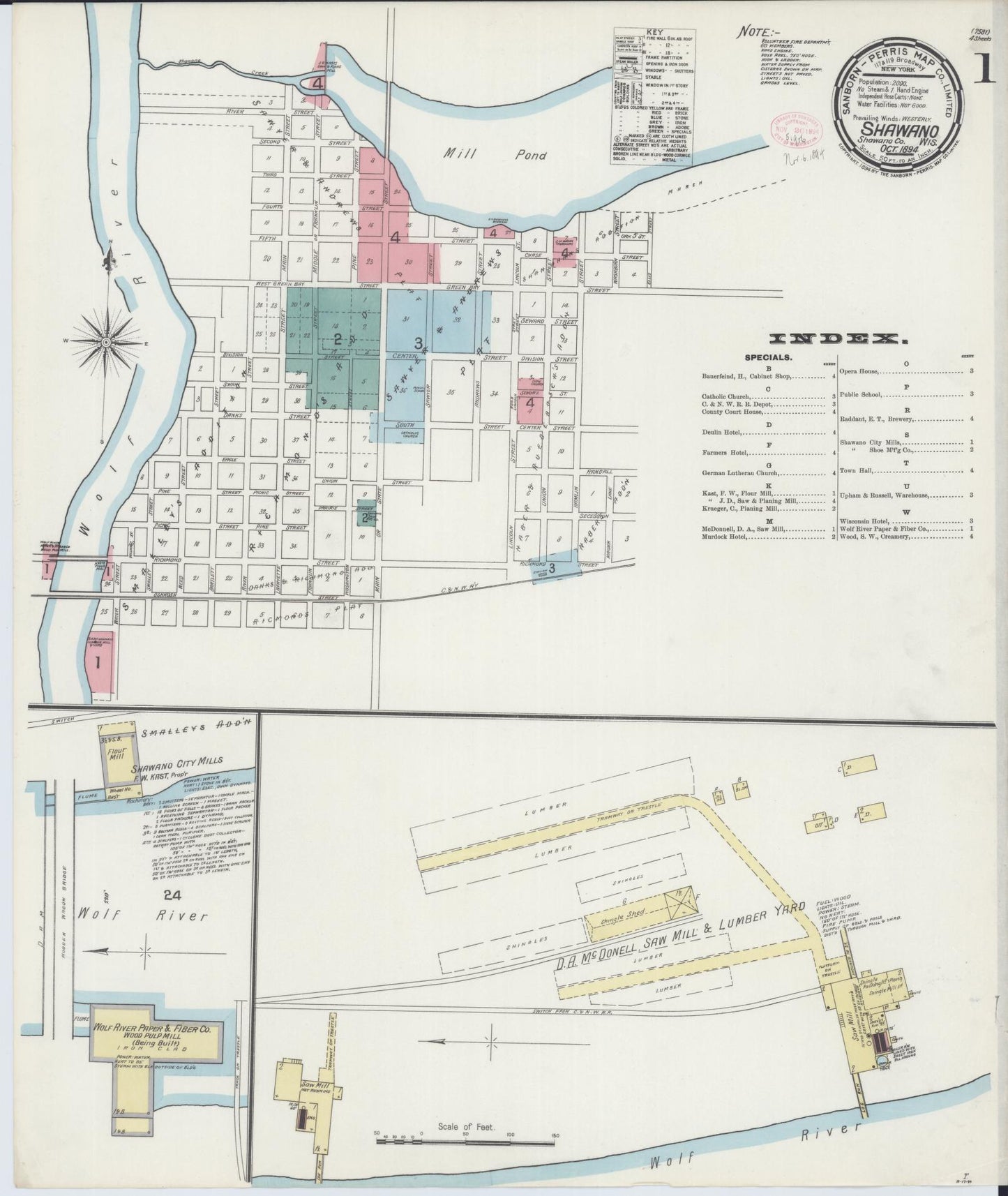 Sanborn Fire Insurance Map from Shawano, Shawano County, Wisconsin (1894), Sheet #0001 - Complete Map Set gallery image, historic Sanborn map, vintage wall art, Wisconsin Wisconsin