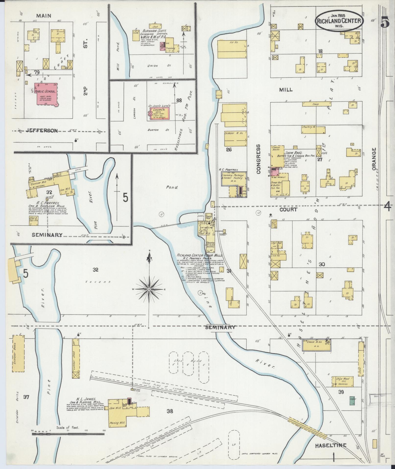 Sanborn Fire Insurance Map from Richland Center, Richland County, Wisconsin (1905), Sheet #0005 - Historic Sanborn Fire Insurance Map Print, vintage old map wall art, antique decor, genealogy gift, Wisconsin Wisconsin map