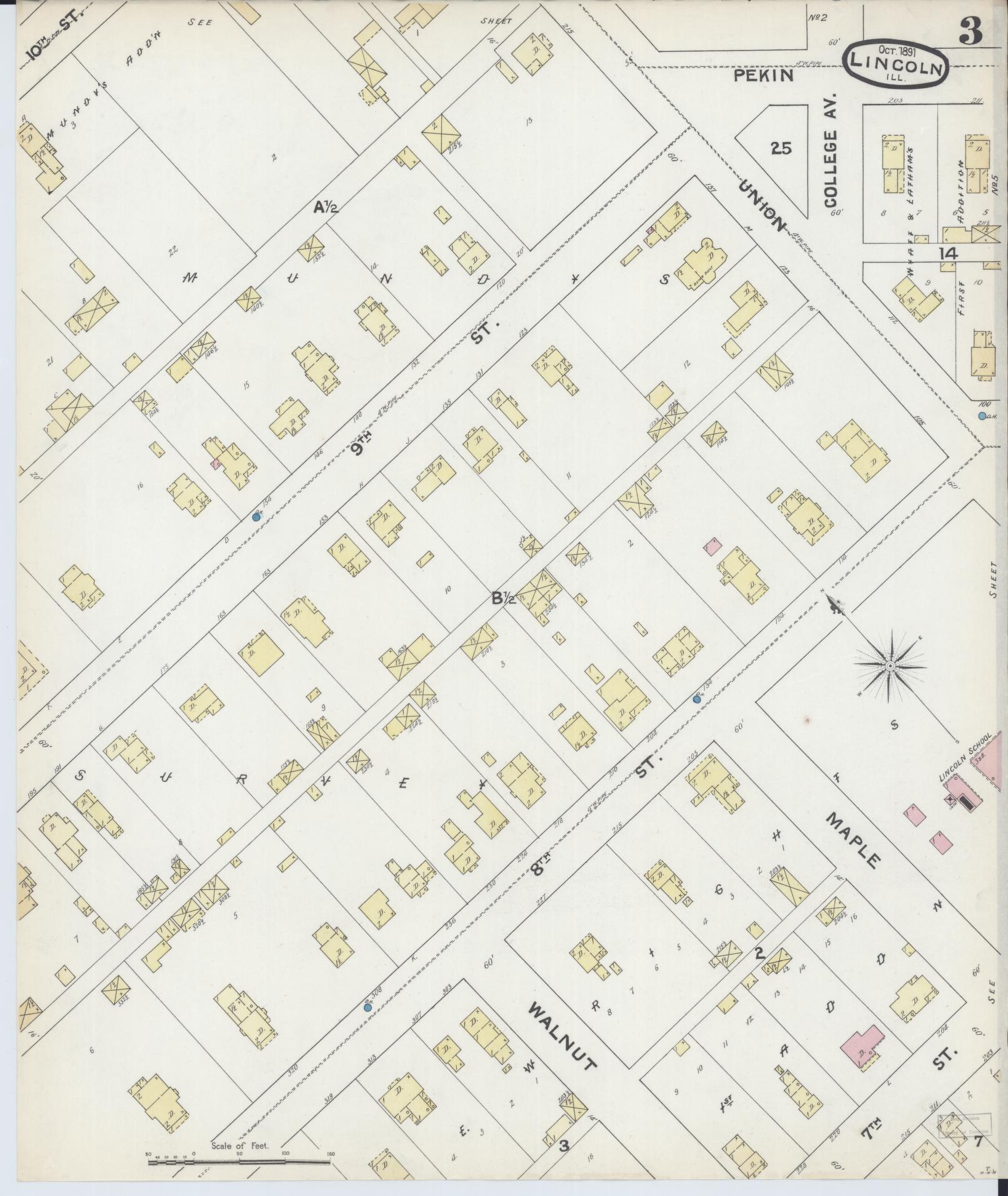 Sanborn Fire Insurance Map from Lincoln, Logan County, Illinois (1891), Sheet #0003 - Complete Map Set gallery image, historic Sanborn map, vintage wall art, Illinois Illinois