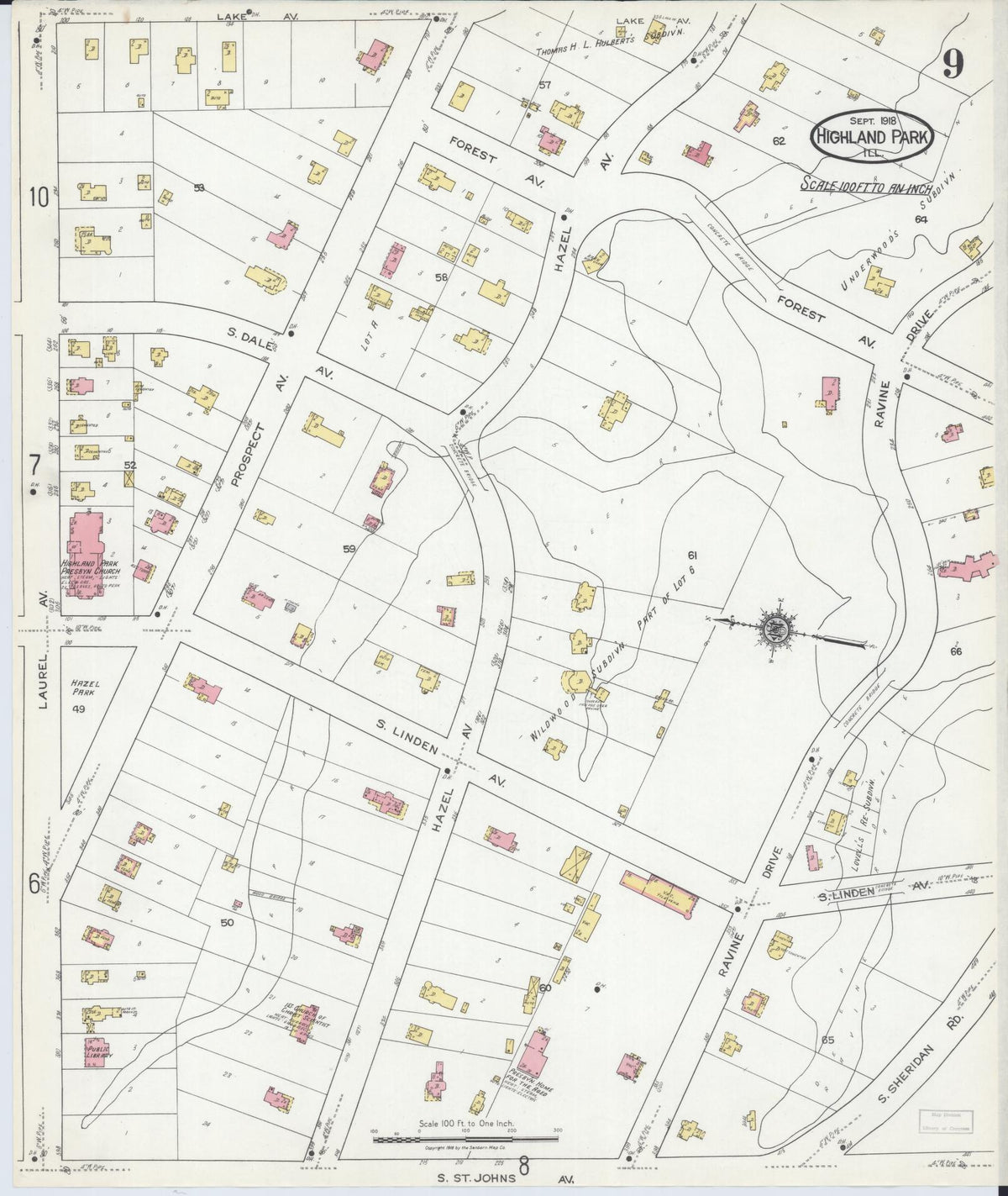 Sanborn Fire Insurance Map from Highland Park, Lake County, Illinois (1918), Sheet #0009 - Complete Map Set gallery image, historic Sanborn map, vintage wall art, Illinois Illinois