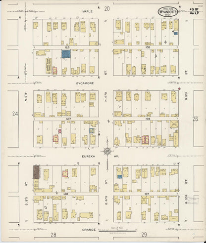 Sanborn Fire Insurance Map from Wyandotte, Wayne County, Michigan (1922), Sheet #0025 - Historic Sanborn Fire Insurance Map Print, vintage old map wall art, antique decor, genealogy gift, Michigan Michigan map