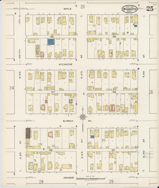 Sanborn Fire Insurance Map from Wyandotte, Wayne County, Michigan (1922), Sheet #0025 - Historic Sanborn Fire Insurance Map Print, vintage old map wall art, antique decor, genealogy gift, Michigan Michigan map