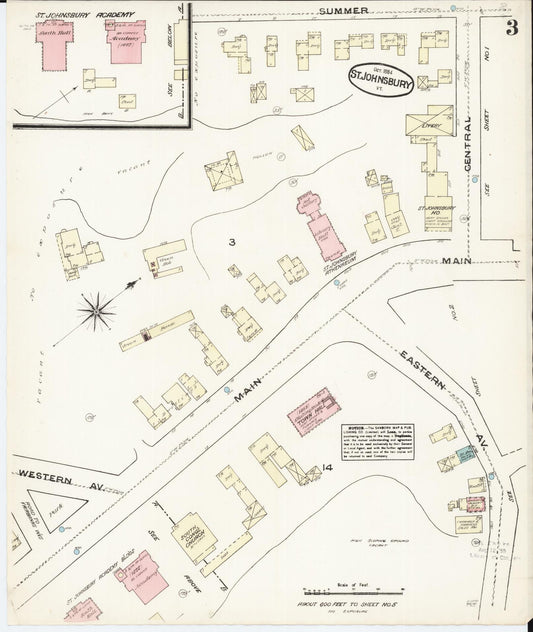 Sanborn Fire Insurance Map from Saint Johnsbury, Caledonia County, Vermont (1884), Sheet #0003 - Historic Sanborn Fire Insurance Map Print, vintage old map wall art, antique decor, genealogy gift, Vermont Vermont map