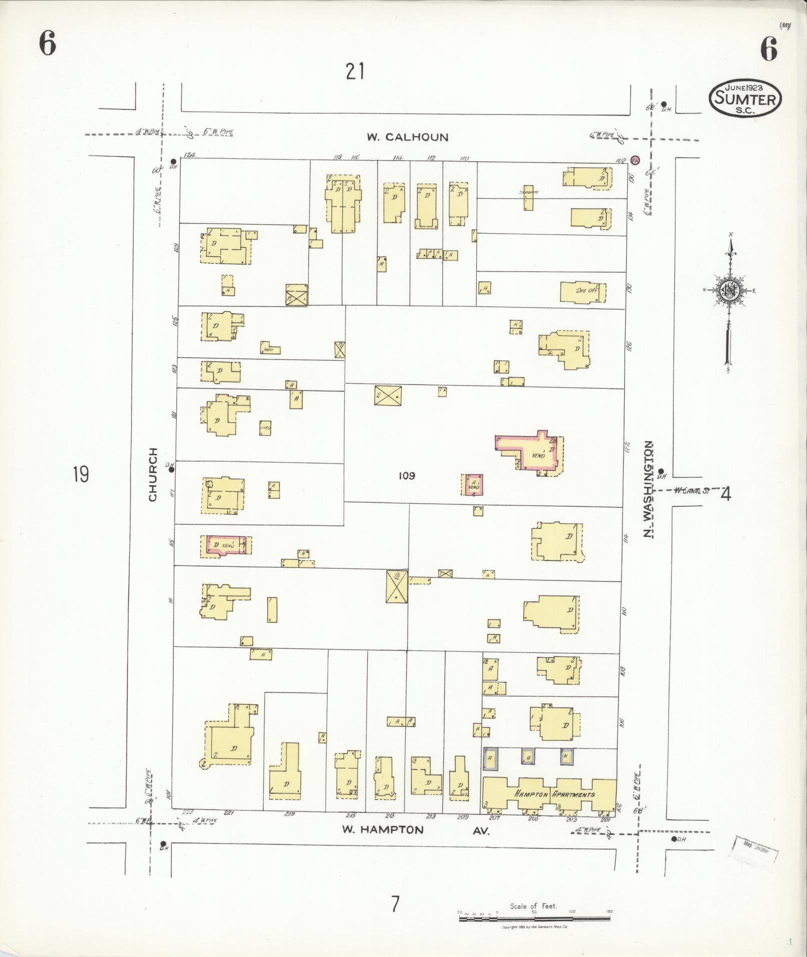 Sanborn Fire Insurance Map from Sumter, Sumter County, South Carolina (1923), Sheet #0006 - Historic Sanborn Fire Insurance Map Print, vintage old map wall art, antique decor, genealogy gift, South Carolina South Carolina map