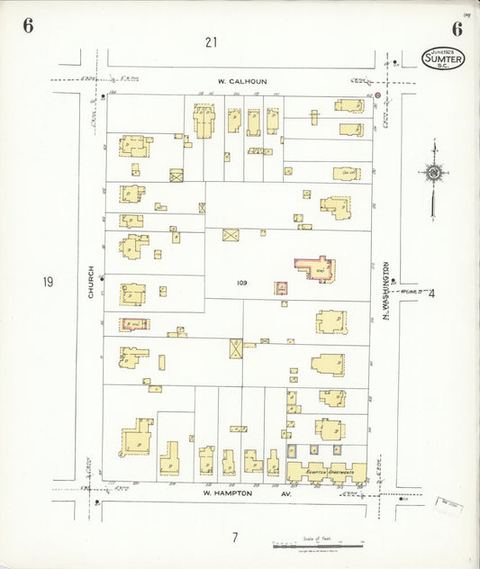 Sanborn Fire Insurance Map from Sumter, Sumter County, South Carolina (1923), Sheet #0006 - Historic Sanborn Fire Insurance Map Print, vintage old map wall art, antique decor, genealogy gift, South Carolina South Carolina map